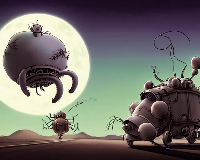 Prompt: a cell shaded cartoon grey lovecraftian mechanized fat spider from howl's moving castle ( 2 0 0 4 ), with a big head, on a desert road, wide shot, in front of a big moon, muted colors, post grunge, josan gonzales, wlop, by james jean, victor ngai, hq, deviantart, art by artgem