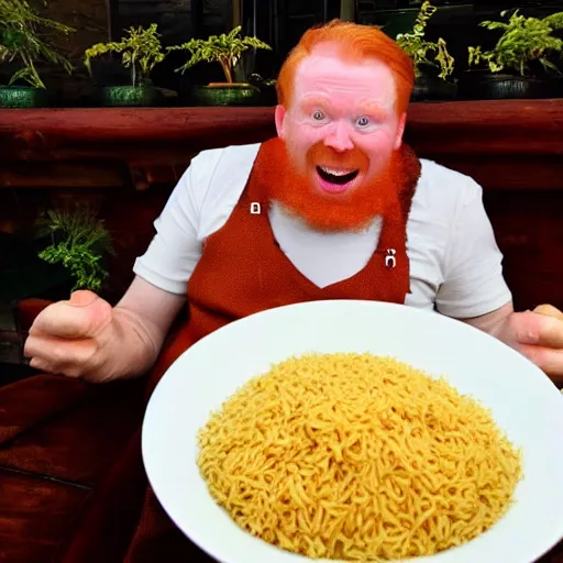 Prompt: Ginger man having the time of his life with a bowl of rice