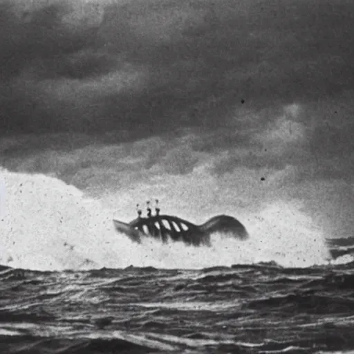 Prompt: giant anomalous creature in the middle of a violent stormy ocean, 1900s photograph