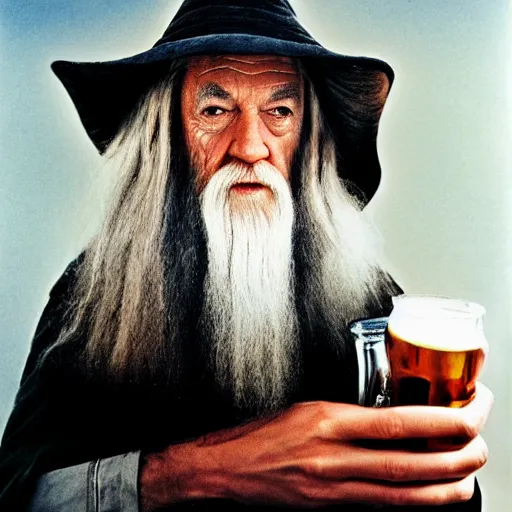 Image similar to photo portrait of gandalf drinking a beer, by annie leibovitz, sharp focus