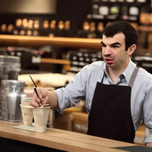 Prompt: Nathan fielder working at Starbucks, film still, best scene, n-9