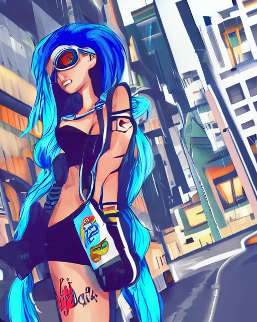 Image similar to cel shaded art of a pretty blue haired girl, jet grind radio graphics, cyberpunk city street background