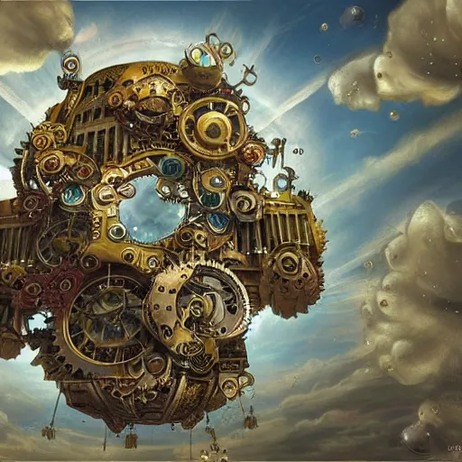 Image similar to flying city in a mechanical flower, flying city in a mechanical flower, detailed, sky, fantasy art, steampunk, masterpiece