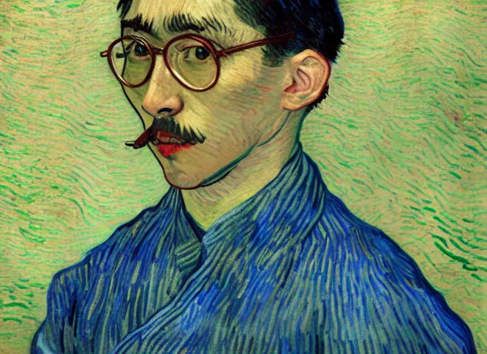 Image similar to Filthy Frank wearing blue dirty spaghetti stained dress shirt, rule of thirds, accurately portrayed, portrait art by Vincent van Gogh, highly detailed, digital painting, concept art, illustration, Japanese emperial flag with twilight rays of sunlight, trending on artstation, very detailed, smooth, sharp focus, octane render, close up