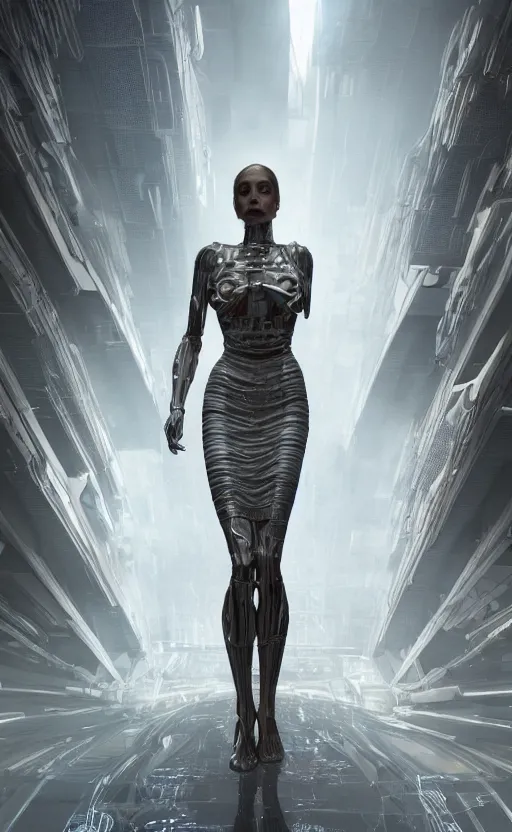 Image similar to Female in office dress, hyperrealistic mixed media, stunning 3d render inspired art by P. Craig Russell and Barry Windsor-Smith + perfect facial symmetry + dim volumetric lighting, 8k octane beautifully detailed render, post-processing, extremely hyperdetailed, intricate futuristic mechanic parts, epic composition, grim yet sparkling atmosphere, cinematic lighting + masterpiece, trending on artstation