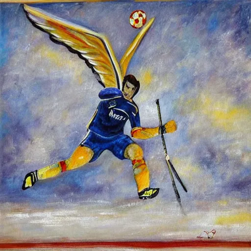 Prompt: goal keeper in the air with wings, rennasainse painting