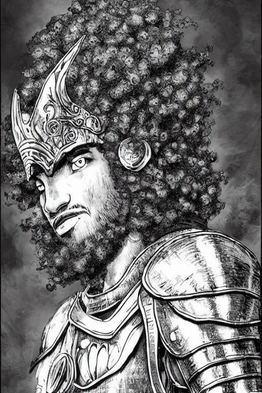 Image similar to black man with afro hair and raspy beard stubble as a knight, highly detailed, anatomically correct, black and white, manga, art by kentaro miura