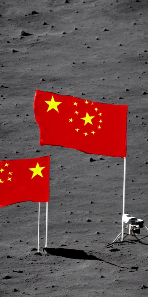 Prompt: chinese lunar landing, chinese national flag, lunar module, lunar rover, astronauts, backlight.