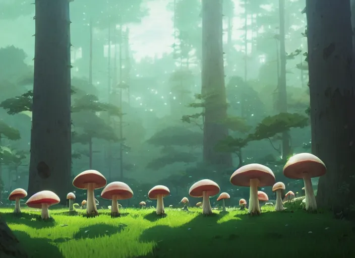 Image similar to mushroom forest, detailed, cory loftis, james gilleard, atey ghailan, makoto shinkai, goro fujita, studio ghibli, rim light, exquisite lighting, clear focus, very coherent, plain background, soft painting