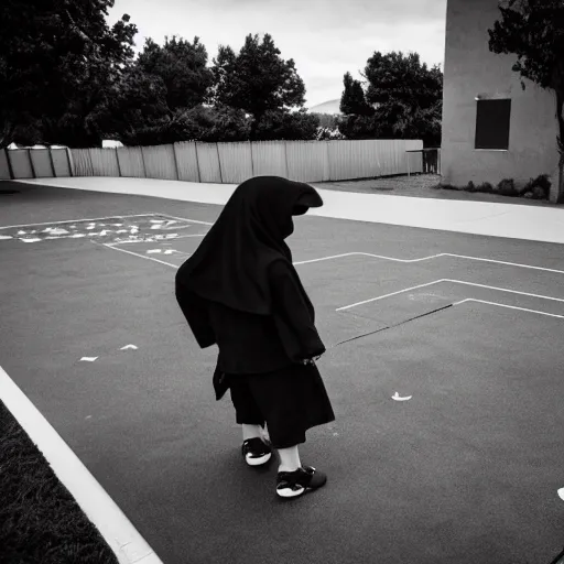 Prompt: the grim reaper losing a game of hopscotch to a little girl, photography