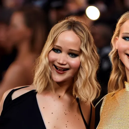 Prompt: Selfie photograph of Jennifer Lawrence and Jennifer Lawrence, golden hour, 8k,