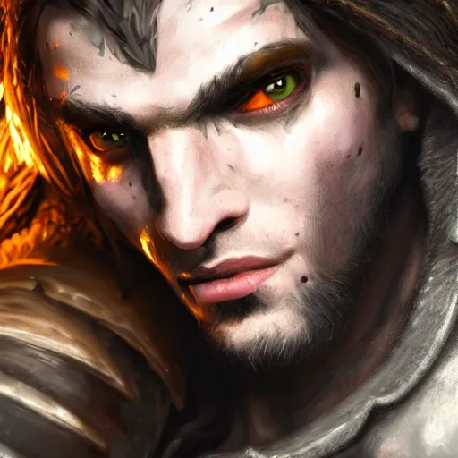 Prompt: an close up oil art portrait of young handsome pale aasimar ], grim dark satyr barbarian from gwent cards, young bard with music magic character design from rainbow six siege, 4 k, ultra detail, volumetric lighting, unreal engine, octane render