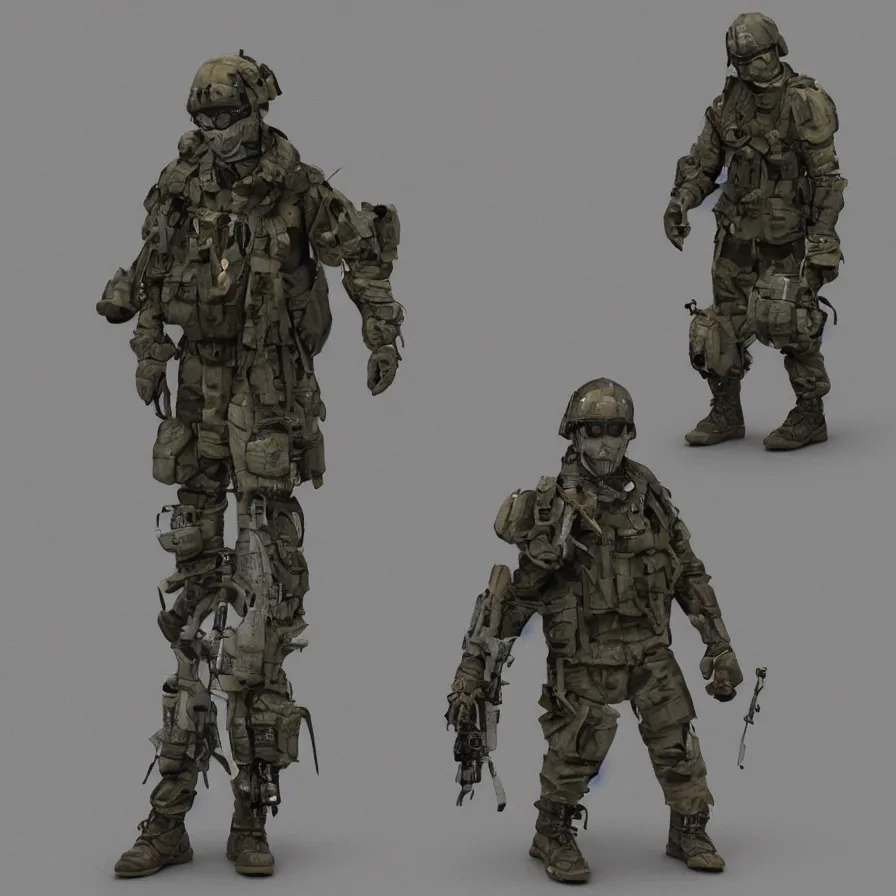 Image similar to lone single suited being, 4 limbs and civilized behavior, military soldier behavior, photorealistic rendering, hyperdetailed