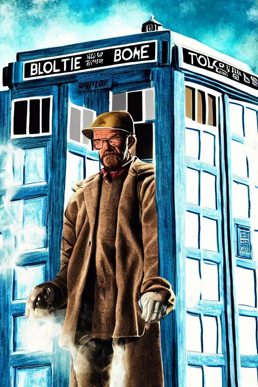 Image similar to walter white and the tardis, photorealistic, highly detailed,