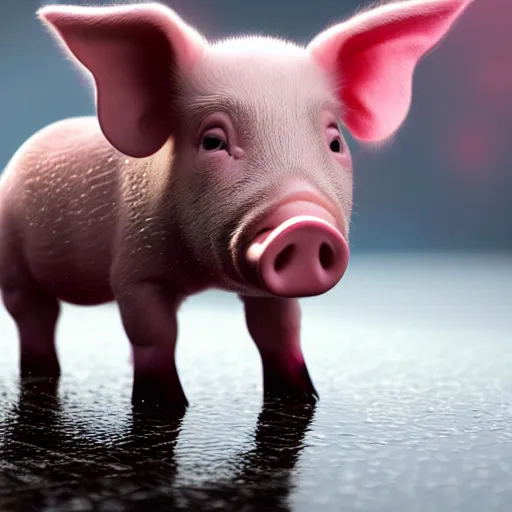 Image similar to digital art of a baby pig wearing red rainboots in a puddle, 8 k render, octane render, saturated