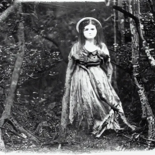 Image similar to spooky 1860 photo of an ancient girl demon devouring the the human kind on a dark forest