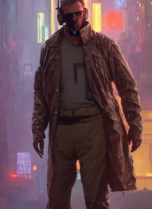 Image similar to Modern Teddy Roosevelt. Cyberpunk merc in tactical gear. plastic raincoat. blade runner 2049 concept painting. Epic painting by James Gurney, Azamat Khairov, and Alphonso Mucha. ArtstationHQ. painting with Vivid color. (rb6s, Cyberpunk 2077)