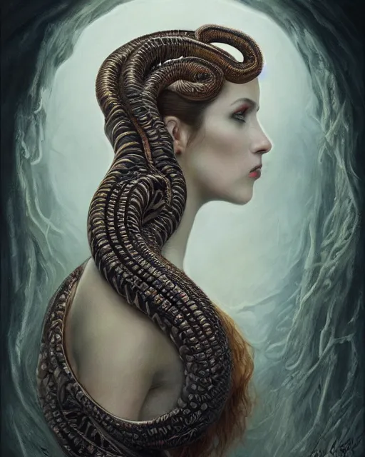 Image similar to portrait of the strangly beautiful young goddess of snakes, surreal, fantasy, intricate, elegant, dramatic lighting, emotionally evoking symbolic metaphor, highly detailed, lifelike, photorealistic, digital painting, painterly, artstation, concept art, smooth, head in focus, sharp focus, illustration, art by John Collier and Krenz Cushart and Artem Demura and Alphonse Mucha and Albert Aublet,