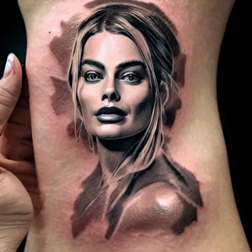 Image similar to face morph tattoo design sketch of margot robbie blended with beautiful mountain scenery, in the style of matteo pasqualin, amazing detail