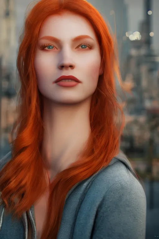 Image similar to hyperrealistic portrait of stunningly beautiful redhead nordic girl, lit in a dawn light, busy city on background, trending on artstation,ultrawide angle, f8 , polarizer , unreal engine