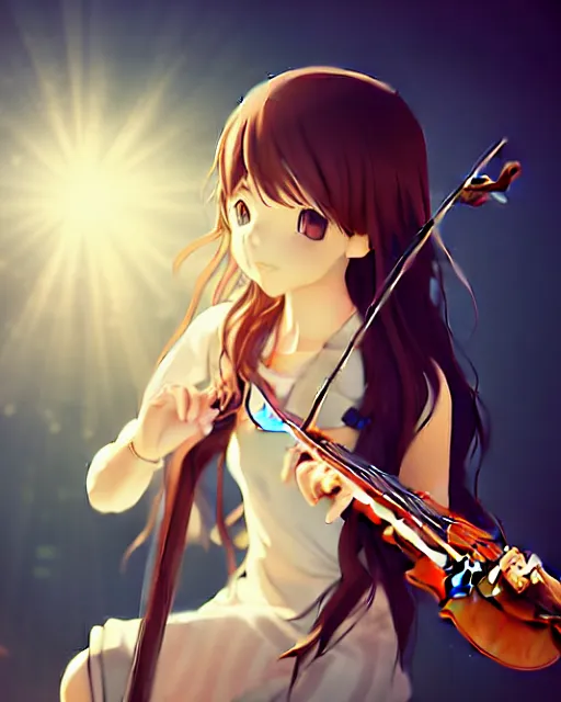 Image similar to anime style, creative, full body, a cute girl with white skin and golden long wavy hair holding a violin and playing a song, heavenly, stunning, realistic light and shadow effects, happy, centered, landscape shot, happy, simple background, studio ghibly makoto shinkai yuji yamaguchi