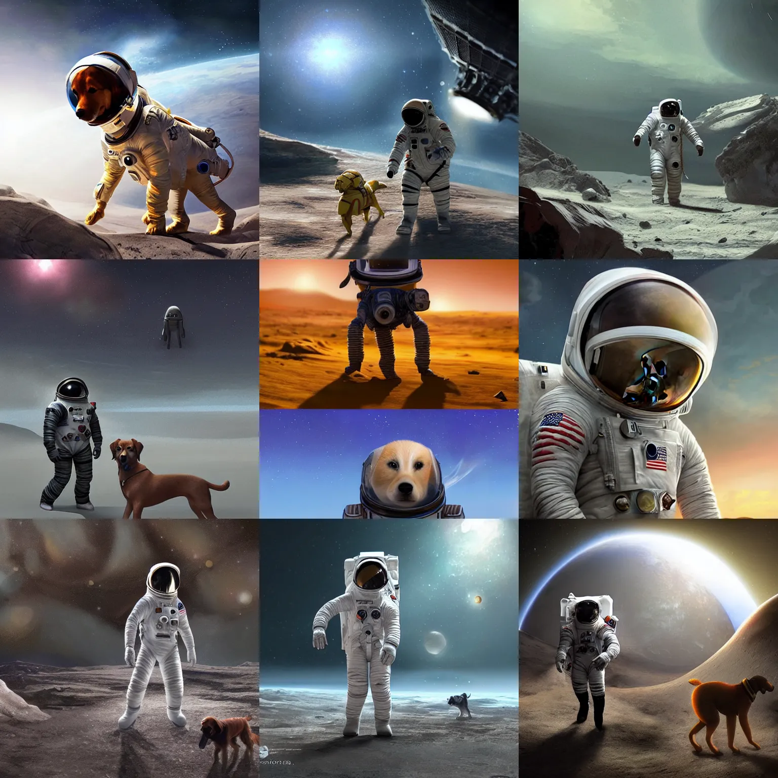 Prompt: Astronaut explores surface of alien planet with dog wearing a spacesuit, digital concept art, cinematic lighting