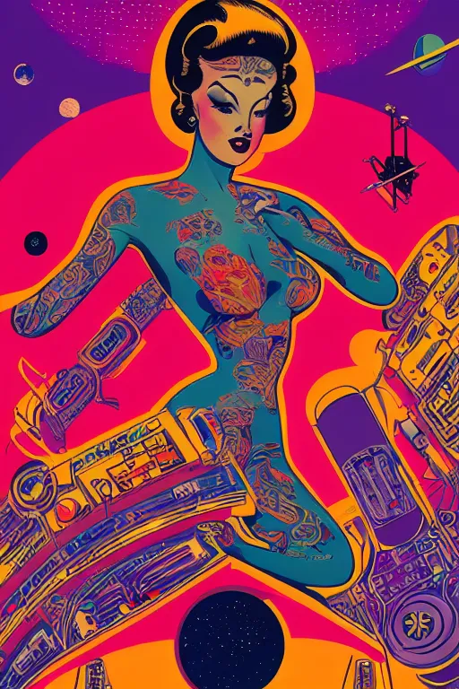 Image similar to a 5 0 s art deco tattooed pinup girl at the interior of an international space station fuill of electronic equipment, poster art by milton glaser, kilian eng, moebius, behance contest winner, psychedelic art, concert poster, poster art, maximalist