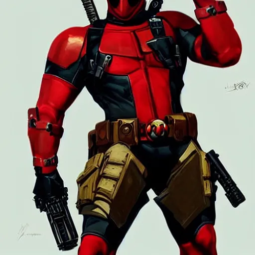 Image similar to greg manchess portrait painting of armored deadpool as overwatch character, medium shot, asymmetrical, profile picture, organic painting, sunny day, matte painting, bold shapes, hard edges, street art, trending on artstation, by huang guangjian and gil elvgren and sachin teng