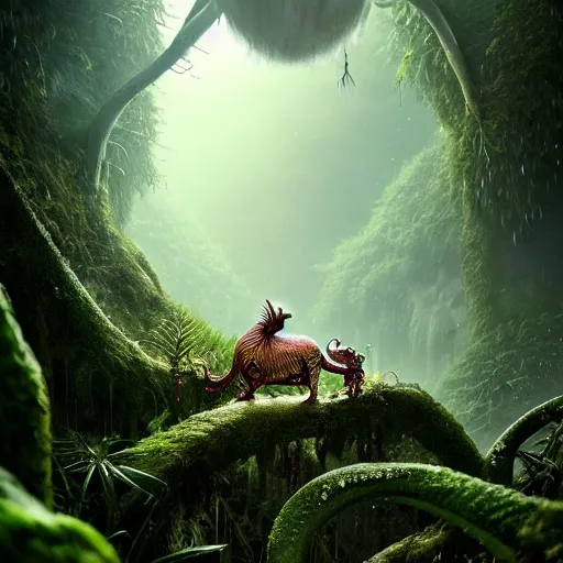 Image similar to creature in a lush trunda vegetation, snow snow :: by Michal Karcz, Daniel Merriam, Victo Ngai and Guillermo del toro :: ornate, dynamic, particulate, intricate, elegant, highly detailed, centered, artstation, smooth, sharp focus, octane render, 3d