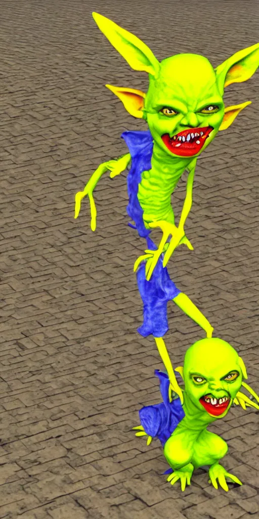 Image similar to malice yellow goblin doll in a street animation psx rendered early 90s net art n64 3d 2001