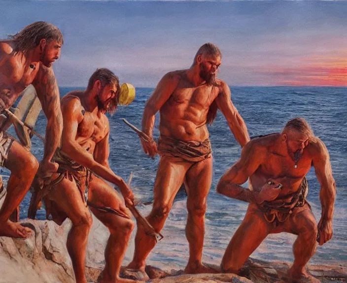 Prompt: barbarian men wait patiently for sunset, art by denys tsiperko and bogdan rezunenko, hyperrealism