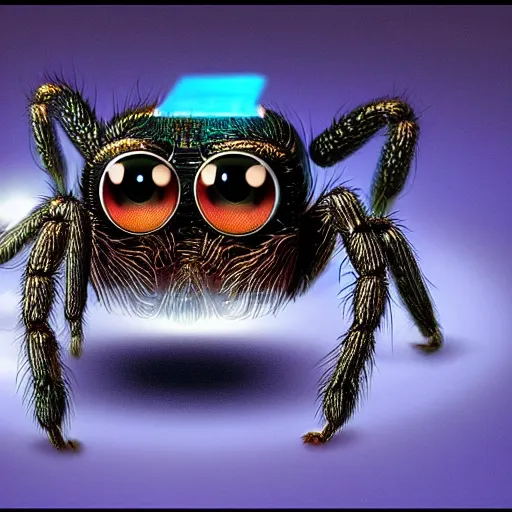 Prompt: a giant jumping spider using a computer keyboard, by pixar, iridescent, character concept art