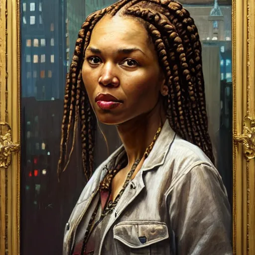 Prompt: a portrait of a woman with cornrow braids by Tim Okamura, Norman Rockwell, she is standing in a very large room with many windows and columns, a detailed matte painting by Noah Bradley and Moebius, cgsociety, concept art, solarpunk, optimistic future, natural light, golden light, life after the plague, backlit, rim lighting