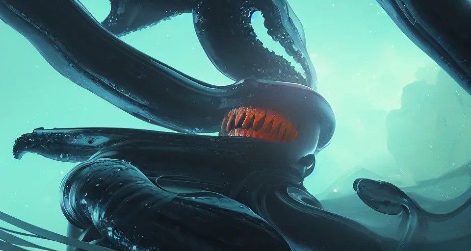 Image similar to A wide shot of a squid with sharp translucent teeth in space art by Maciej Kuciara and Jason Chan, ominous, cosmic horror, trending on artstation, Ultra detailed, hyper realistic 4k