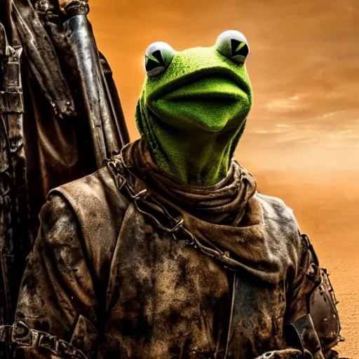 Prompt: kermit as a warlord in madmax fury road, 4 k, high detail, high - resolution photograph, professional photography, ultra - detail