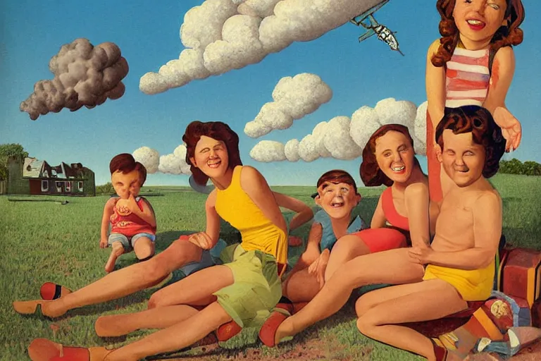 Prompt: a smiling american family sunbathing, abandoned suburbs house, bombs in the sky by davegore and grant wood, 5 0'posters art style, surreal,