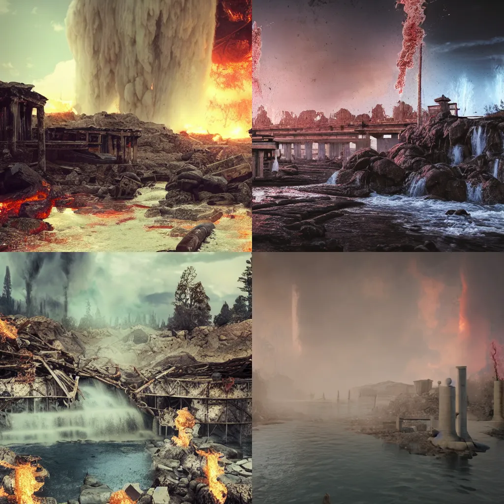 Prompt: crumbling pillars over raging waters, conflagration in the back, hyper realistic, highly detailed, digital art, apocalyptic, epic lighting, epic scale, octane render