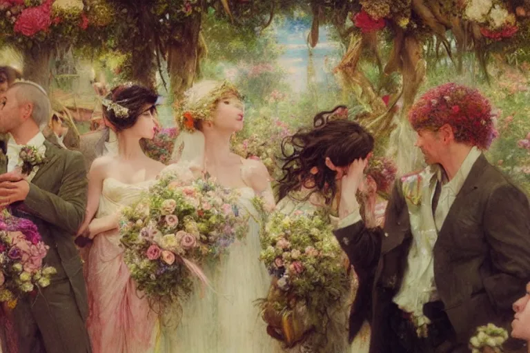 Image similar to the groom look at the bride at a wedding full of flowers, bright and happy, dreamlike art, highly detail, 4 k realistic, wedding photoy krenz cushart, artem demura, yoji shinkawa artgerm, jon lothian, danilo torres. adi meyers. thomas reimann. gaston bussiere.