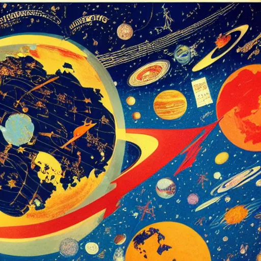 Image similar to highly detailed 6 0 s graphic poster with the world on fire, surrounded by space junk and old satellites, as seen from space, in the style of old botanical illustrations, matisse, caravaggio and japanese art, 4 k
