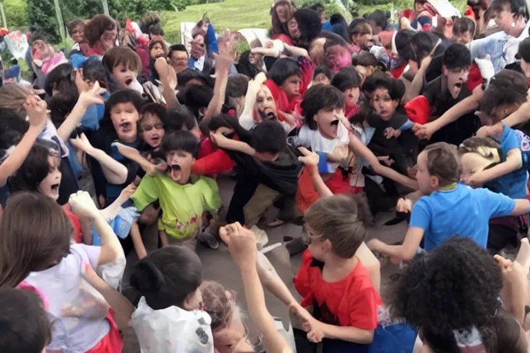 Prompt: angry mob of children violently protesting kindergarden food