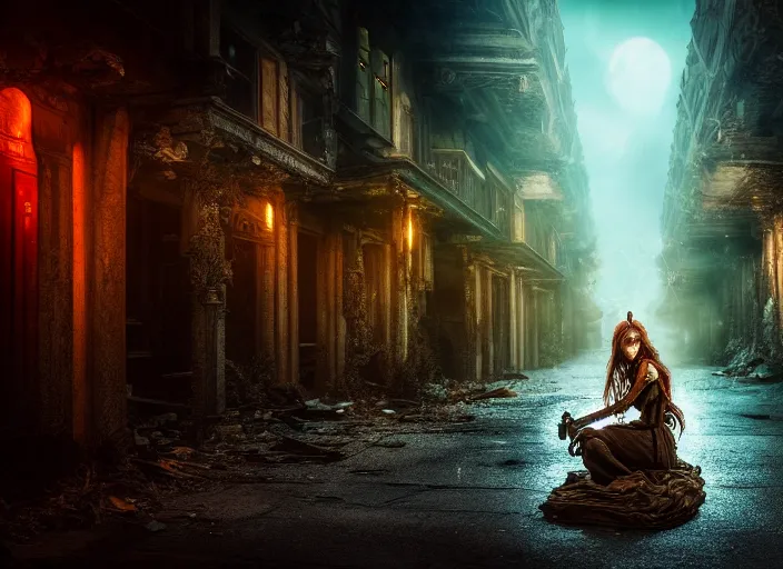 Prompt: streets of an abandoned city at night with a lone elven woman warrior sitting in the corner. Fantasy magic horror style. Highly detailed 8k. Intricate. Nikon d850 55mm. Award winning photography.