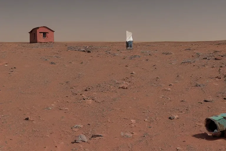 Image similar to an old rickety Soviet village house stands alone on Mars next to which a local resident stands and waves his hand, colourful