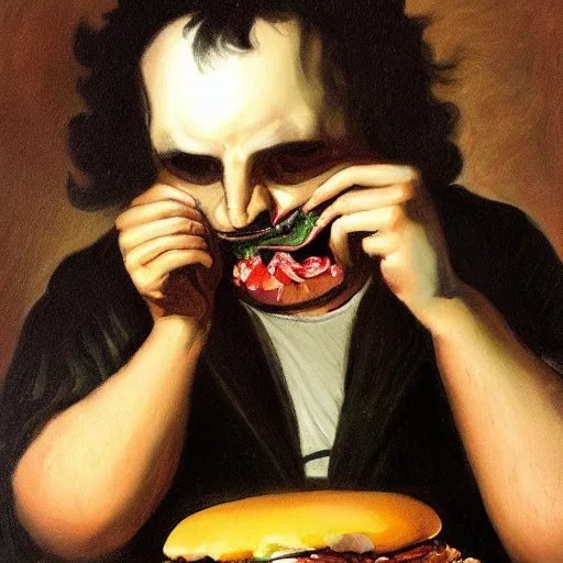 Image similar to painting of a sad man devouring cheeseburger in the style of francisco goya