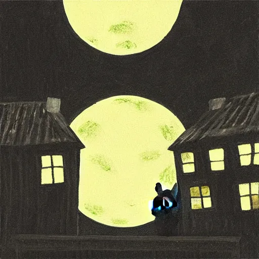 Image similar to “A black cat on top of a building at night with a full moon in the style of Vincent Van Vogh”