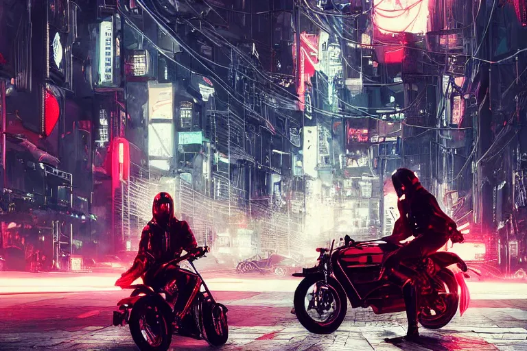 Image similar to man sitting on parked motorcycle. red black white leather jacket cyberpunk helmet. Black motorcycle orange emissive glowing wide angle shot long distance Bladerunner 2049 Wadim Kashin Wenjun Lin beautiful cyberpunk city night time