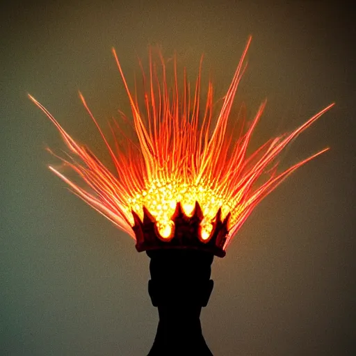 Prompt: Crown made of Bokeh on a head made of light on an angel with wings of fire standing on lava. Photo.