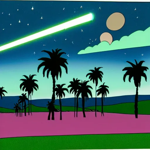 Prompt: ufo and aliens abducting cows from the distance in far pastures during summer night with palm trees. by patrick nagel, minimalist lighting, 1 0 0 0 mm. purple and green gammas.