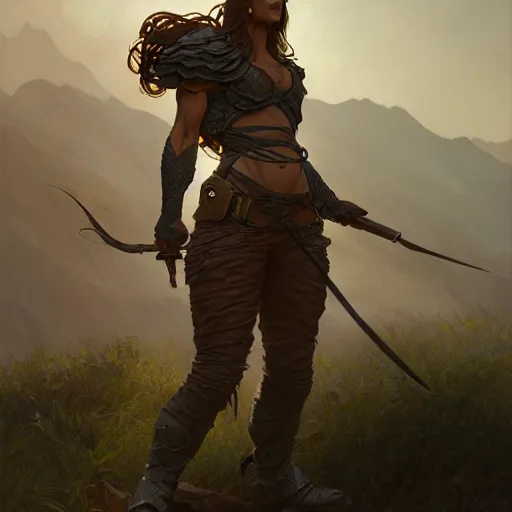 Image similar to Rugged ranger, muscular, thighs, D&D, fantasy, intricate, cinematic lighting, highly detailed, digital painting, artstation, concept art, smooth, sharp focus, illustration, art by Artgerm and Greg Rutkowski and Alphonse Mucha