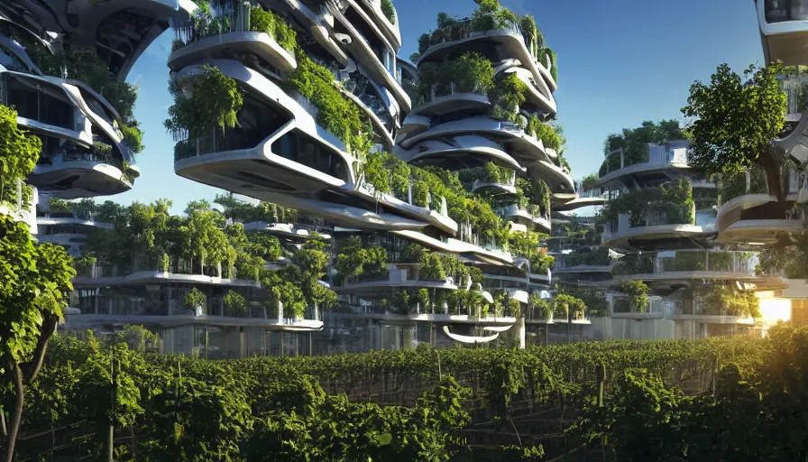 Sunrise over solarpunk city, many trees and plants,, Stable Diffusion