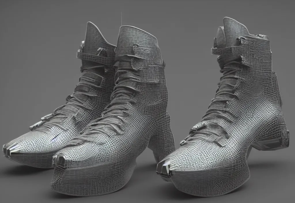 Image similar to one futuristic high - top sneaker with neon illuminated soles on a grey surface, clean 3 d render, beautiful studio lighting, soft, sharp focus, cyberpunk, intricate detail, gold filigree, soft rubber, octane render, trending on artstation, deviantart, art by iris van herpen and syd mead and giger